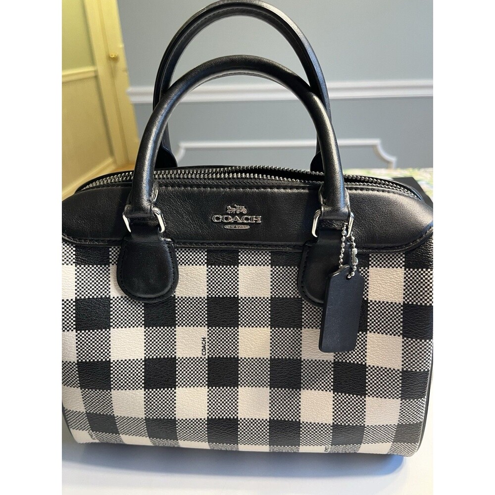 Coach Mini Bennett Black White Plaid Crossed Grain Leather Satchel - Picture 3 of 16